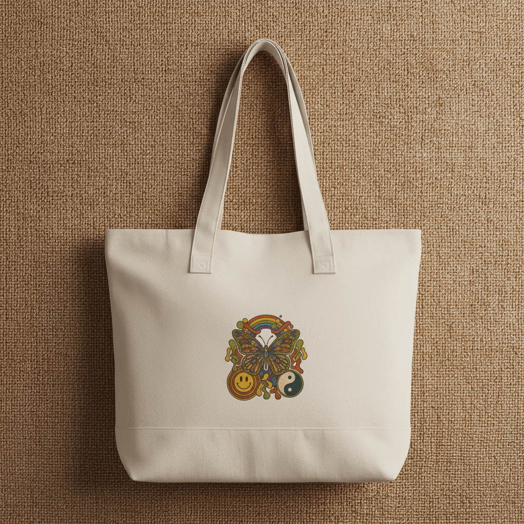 Boho Peace & Smile Canvas Tote — Zippered Eco Shopper with Rainbow & Yin Yang DesignEmber Spirit Apparel