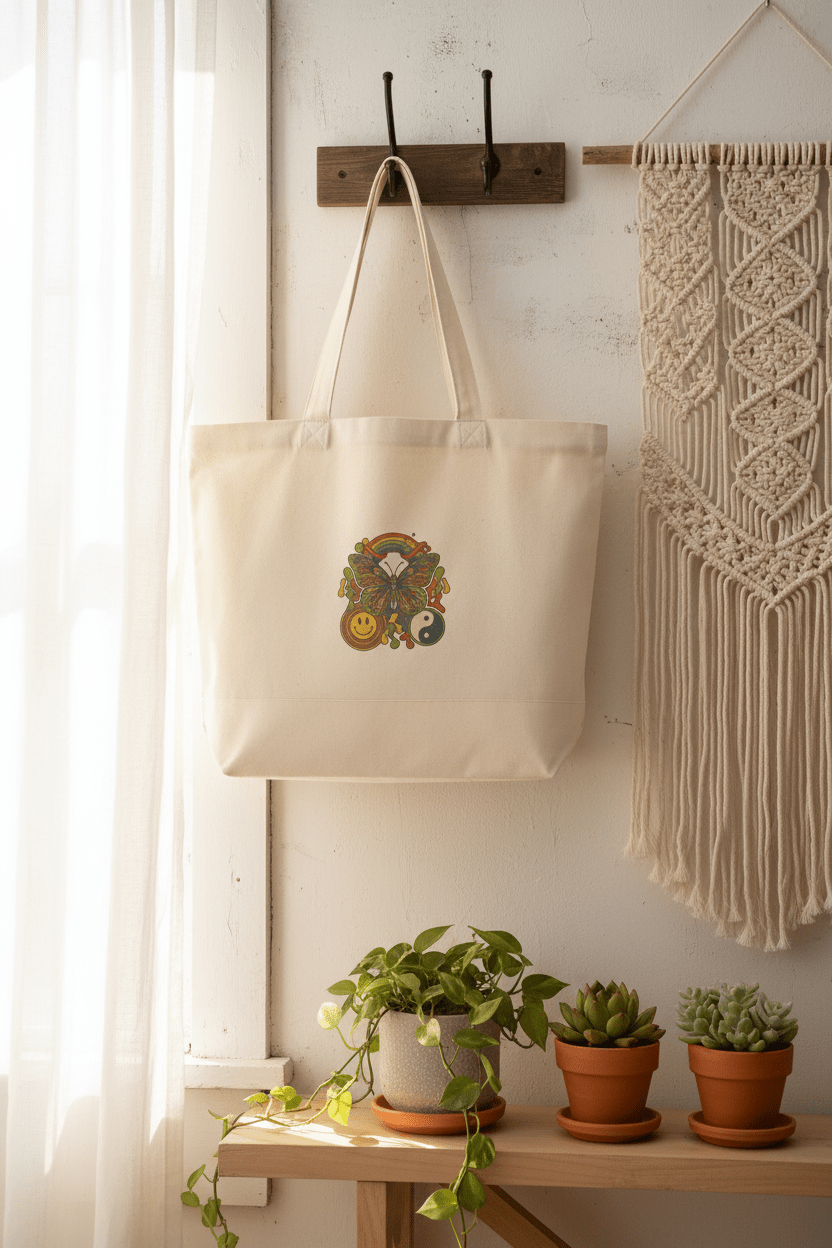 Boho Peace & Smile Canvas Tote — Zippered Eco Shopper with Rainbow & Yin Yang DesignEmber Spirit Apparel