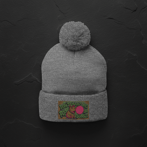Capybara Pom-Pom Knit Cap — embroidered beanie front view