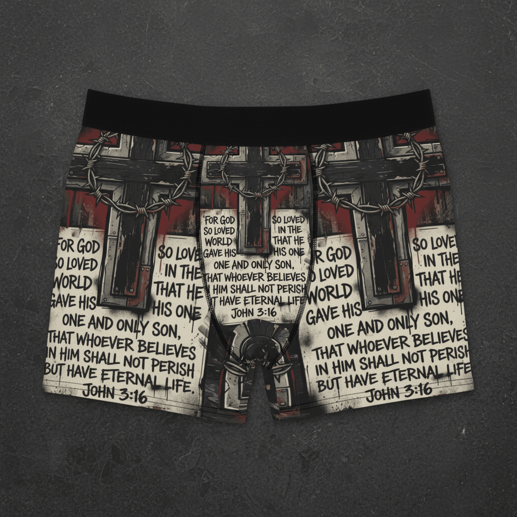 Christian Cross Boxer Briefs — John 3:16 Scripture PrintEmber Spirit Apparel
