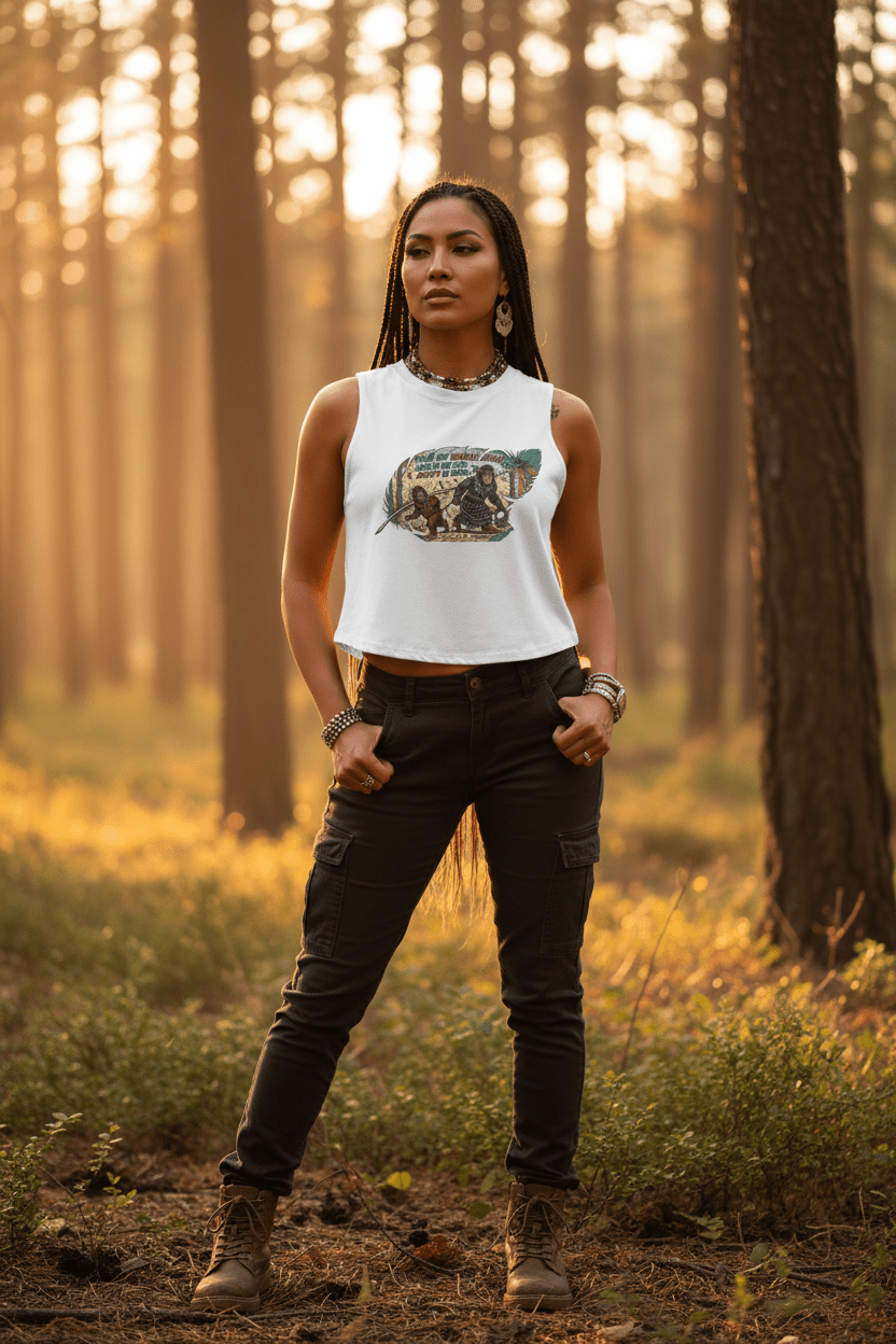 Deadly Auntie Is Here Women's Crop Top — "Count Your Blessings, Not Your Curls" Retro Adventurer GraphicEmber Spirit Apparel