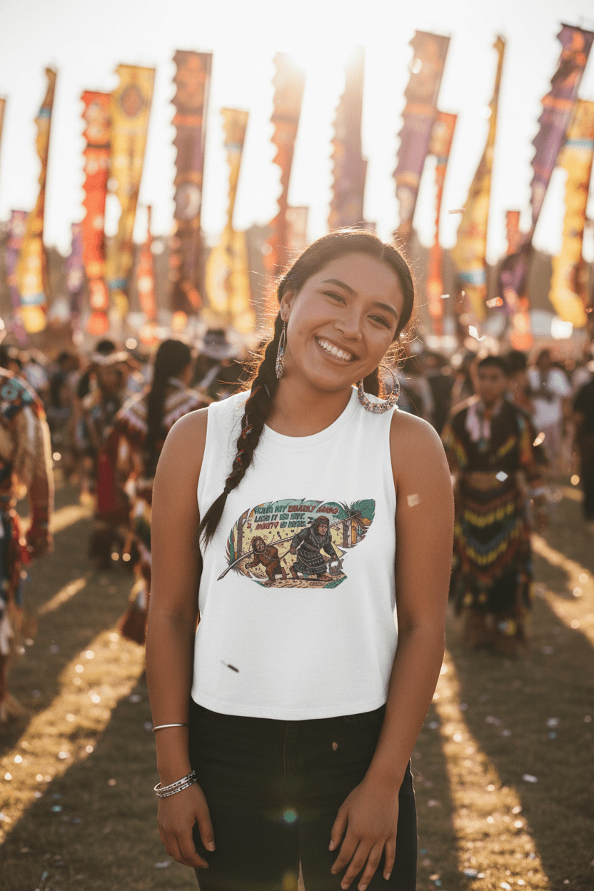 Deadly Auntie Is Here Women's Crop Top — "Count Your Blessings, Not Your Curls" Retro Adventurer GraphicEmber Spirit Apparel