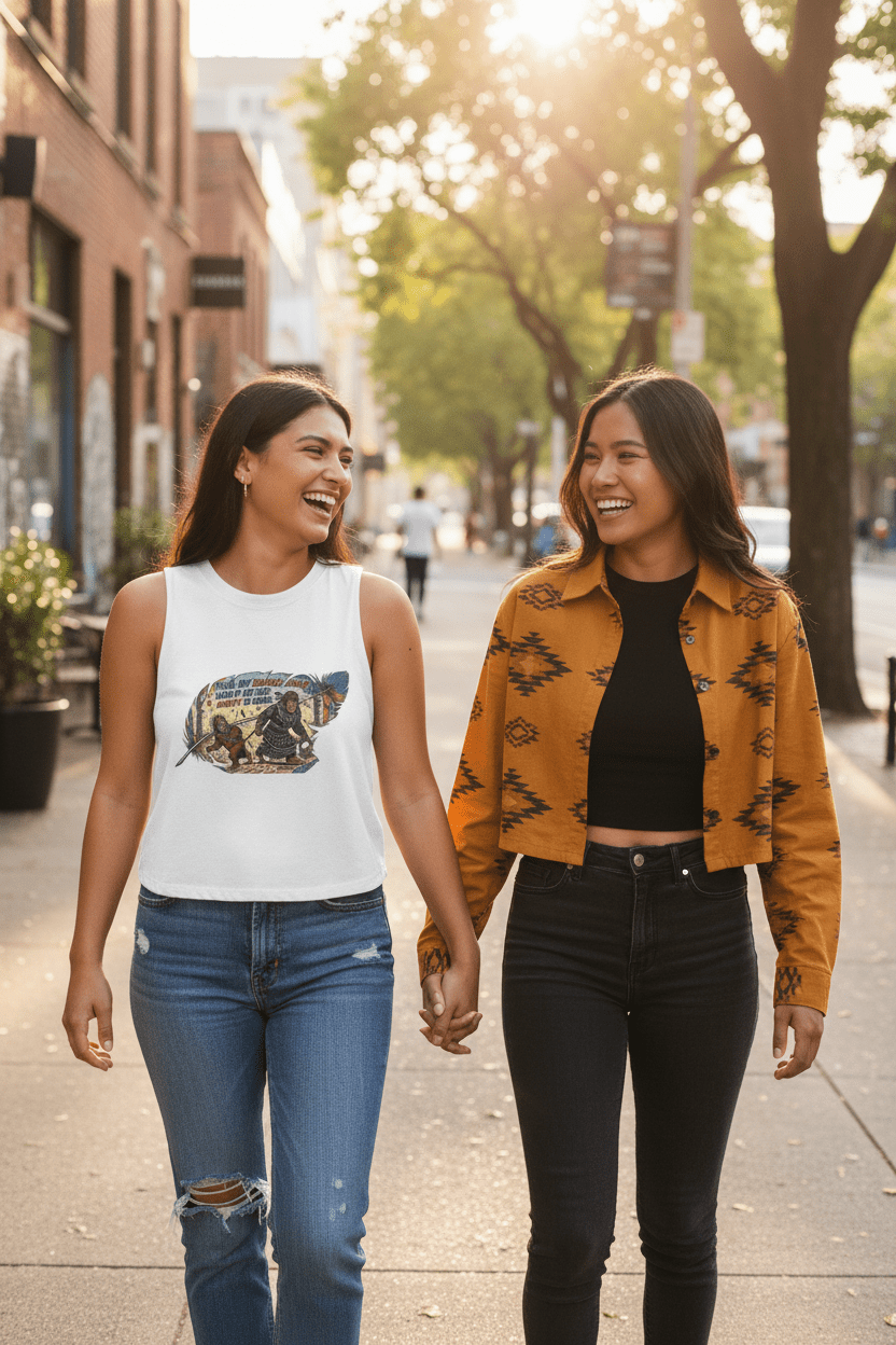Deadly Auntie Is Here Women's Crop Top — "Count Your Blessings, Not Your Curls" Retro Adventurer GraphicEmber Spirit Apparel