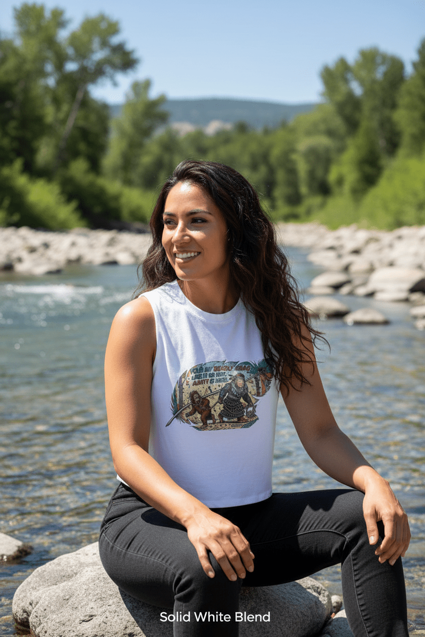 Deadly Auntie Is Here Women's Crop Top — "Count Your Blessings, Not Your Curls" Retro Adventurer GraphicEmber Spirit Apparel