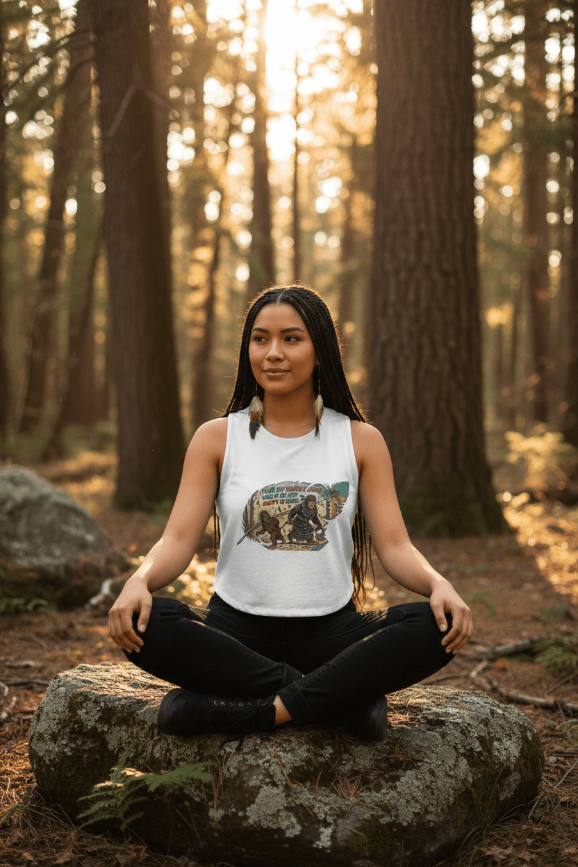 Deadly Auntie Is Here Women's Crop Top — "Count Your Blessings, Not Your Curls" Retro Adventurer GraphicEmber Spirit Apparel