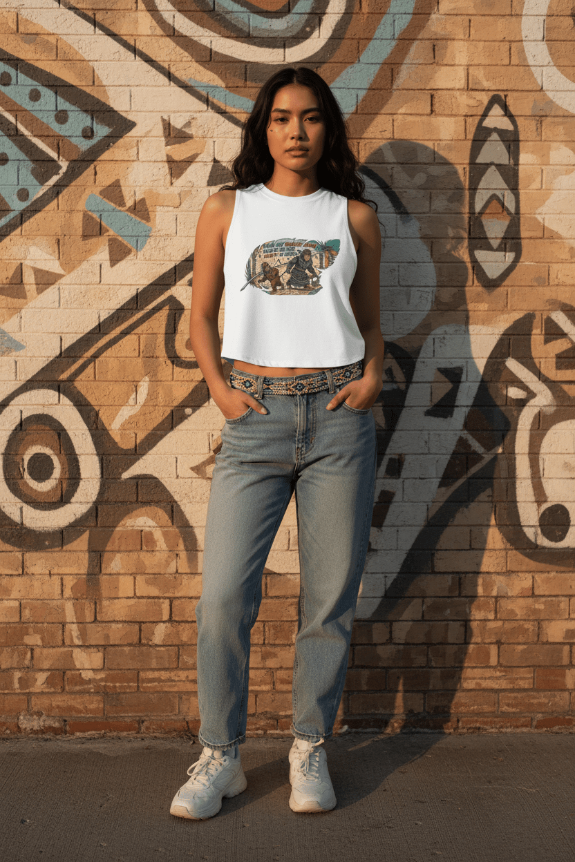 Deadly Auntie Is Here Women's Crop Top — "Count Your Blessings, Not Your Curls" Retro Adventurer GraphicEmber Spirit Apparel