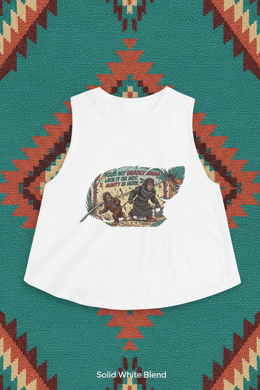 Deadly Auntie Is Here Women's Crop Top — "Count Your Blessings, Not Your Curls" Retro Adventurer GraphicEmber Spirit Apparel
