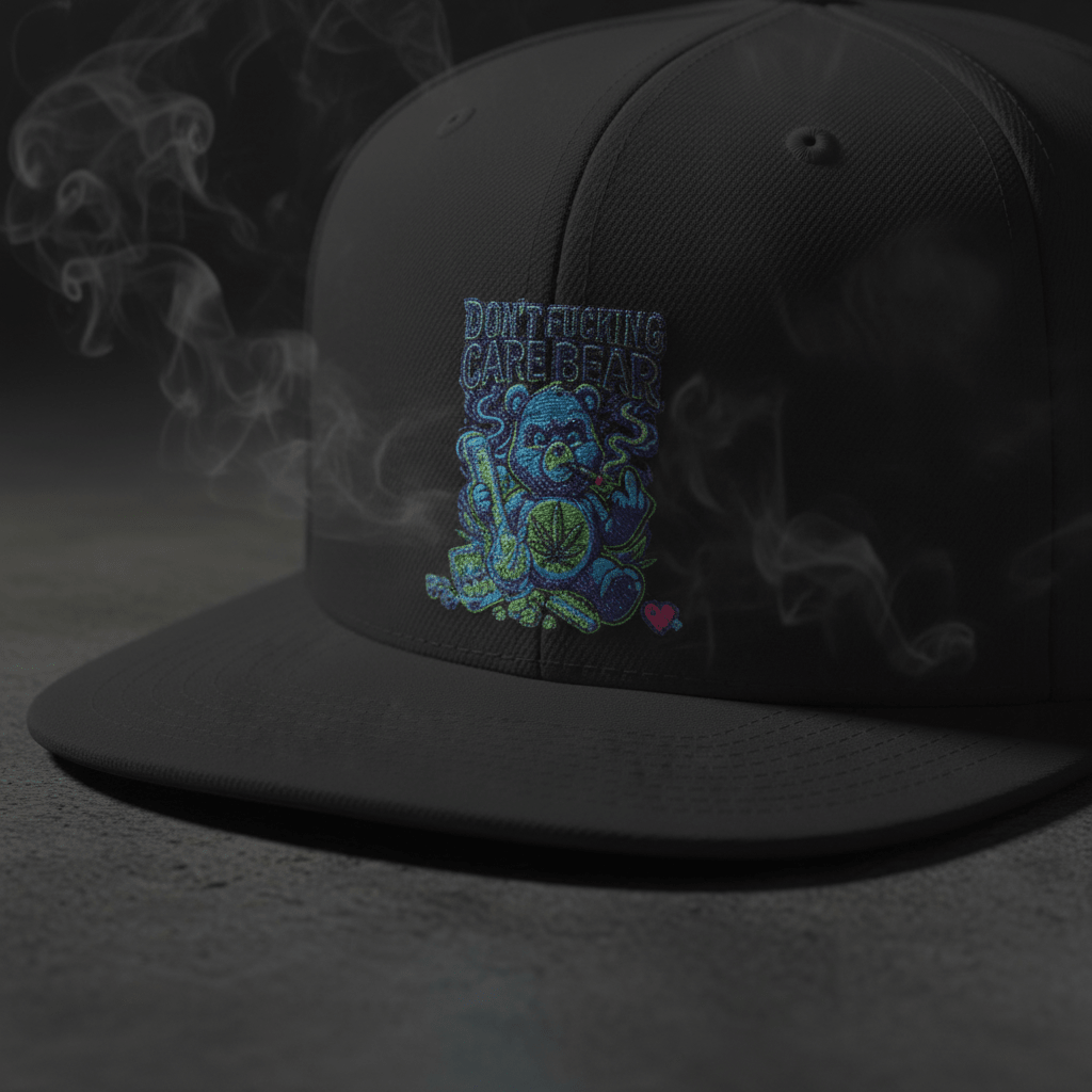 Don't Care Bear Snapback Hat — Bold Anti-Drama Flat Bill Cap, Front View | Ember Spirit Apparel

