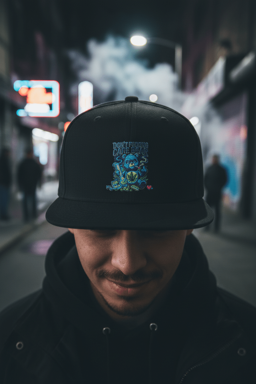 Don't Care Bear Snapback Hat — Bold Anti-Drama Flat Bill Cap, Front Angle View | Ember Spirit Apparel