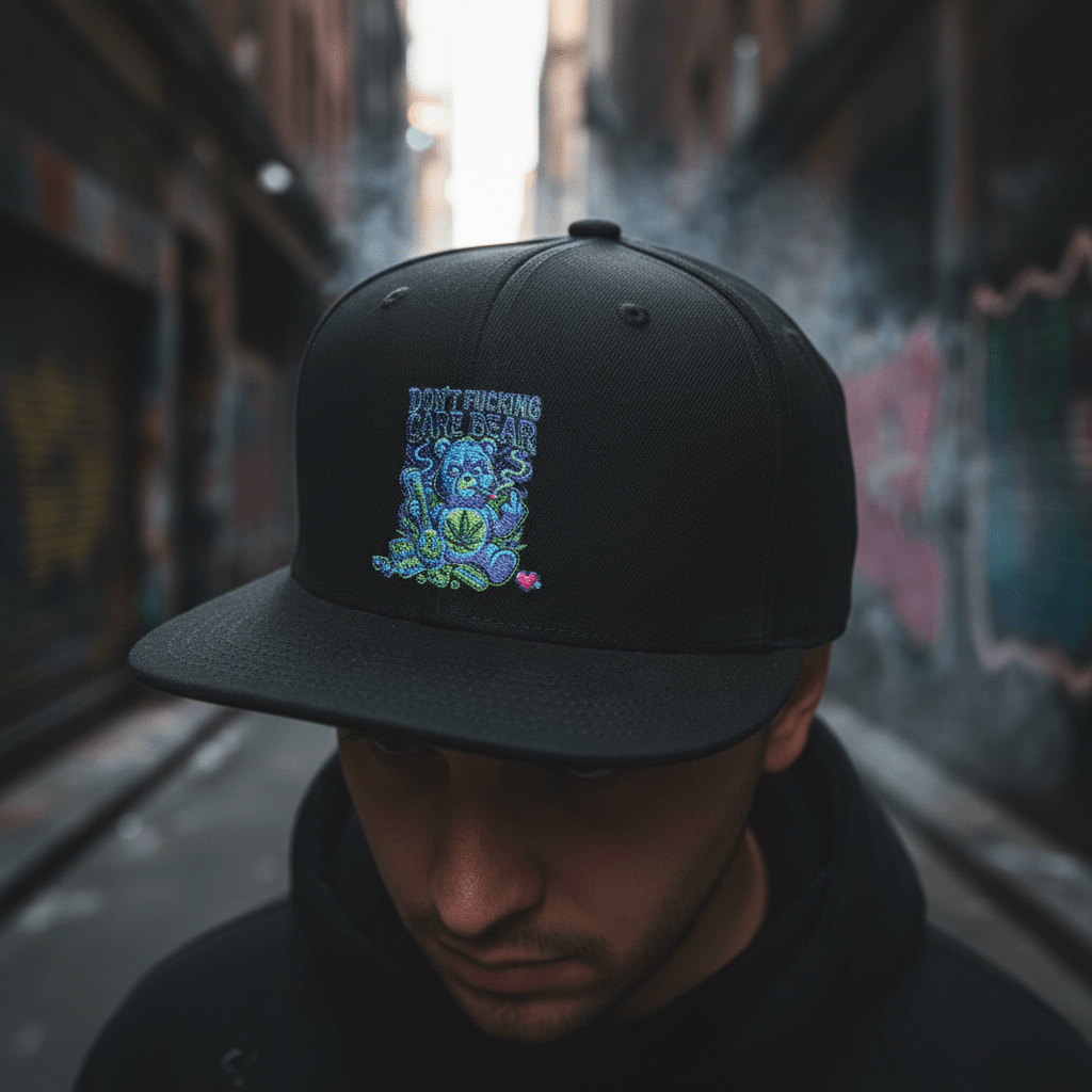 Don't Care Bear Snapback Hat — Bold Anti-Drama Flat Bill Cap, Front Side View | Ember Spirit Apparel