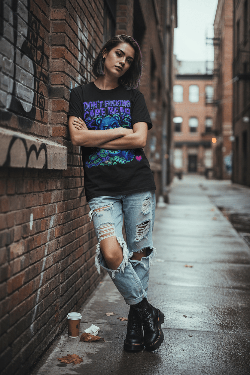 Don’t Fucking Care Bear T‑Shirt — Grunge Teddy Graphic TeeEmber Spirit Apparel