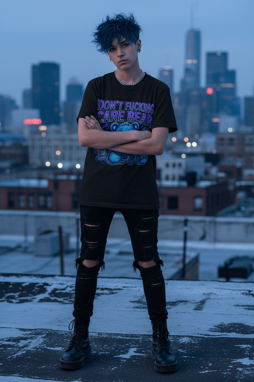 Don’t Fucking Care Bear T‑Shirt — Grunge Teddy Graphic TeeEmber Spirit Apparel