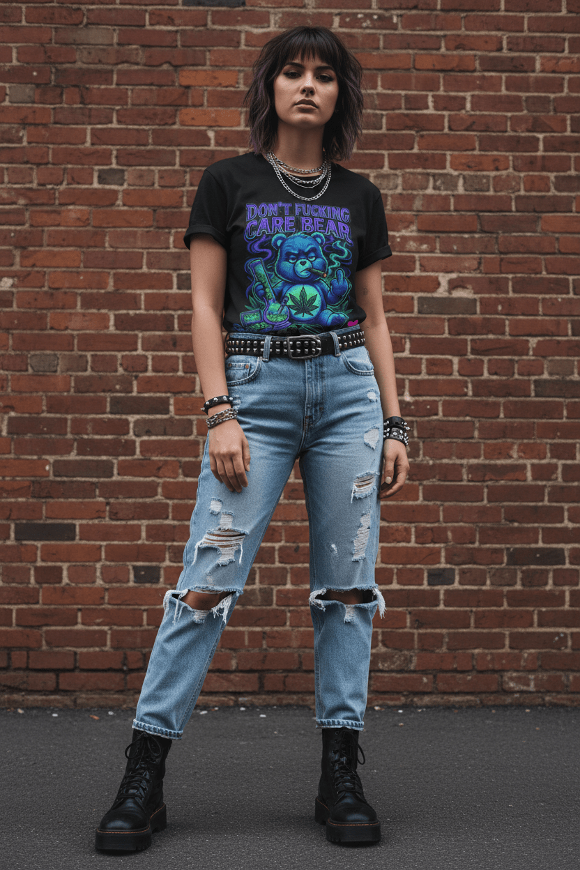 Don’t Fucking Care Bear T‑Shirt — Grunge Teddy Graphic TeeEmber Spirit Apparel