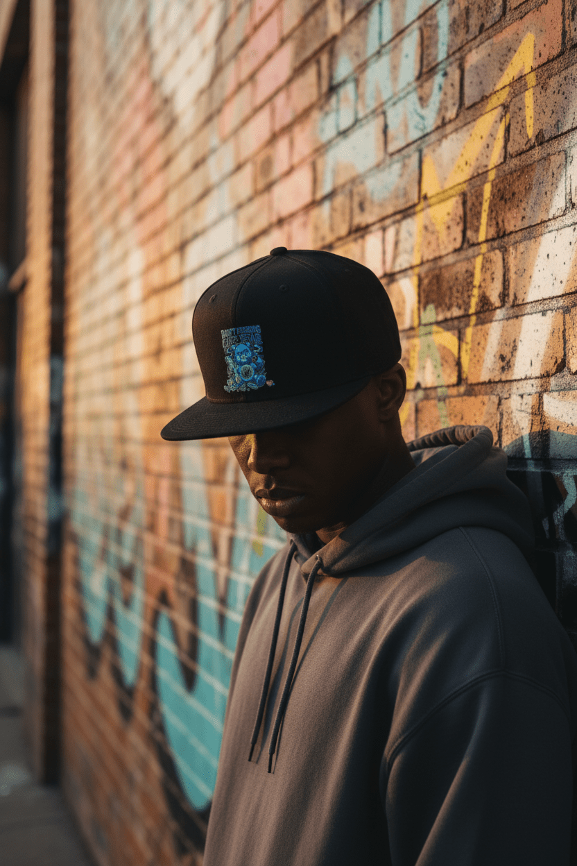 Don't Care Bear Snapback Hat — Bold Anti-Drama Flat Bill Cap, Street Style Lifestyle View | Ember Spirit Apparel