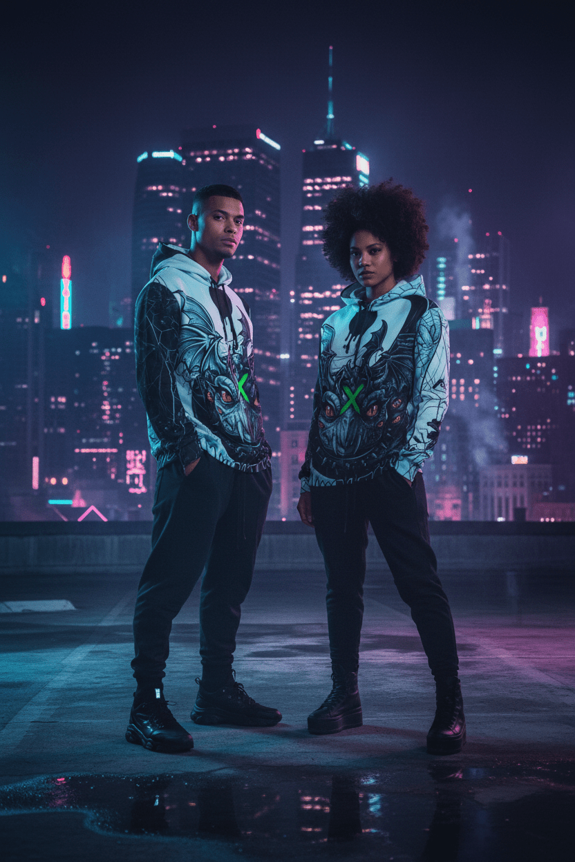 Dragon Skull Graphic Hoodie — Gothic Neon X All-Over PrintEmber Spirit Apparel