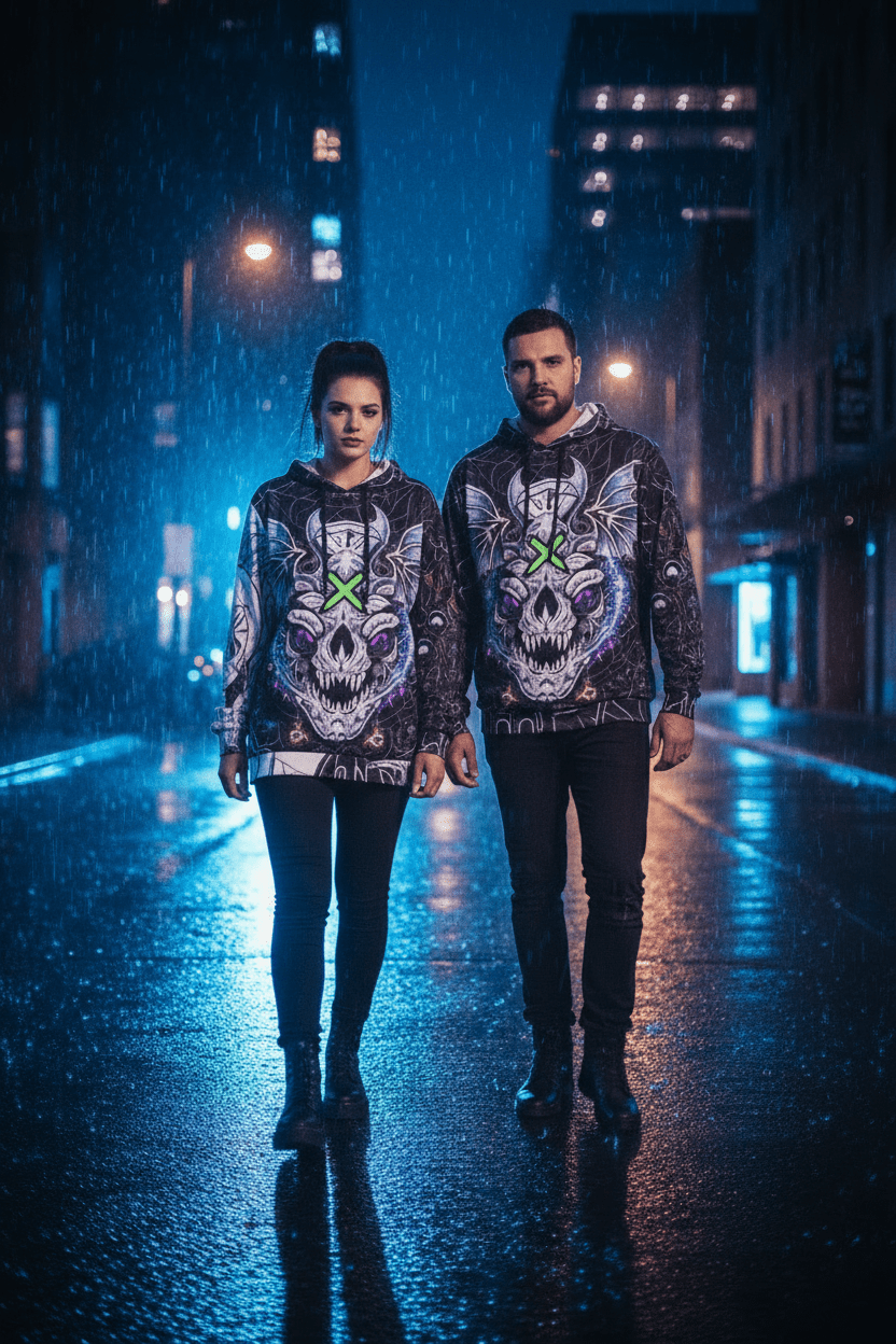 Dragon Skull Graphic Hoodie — Gothic Neon X All-Over PrintEmber Spirit Apparel