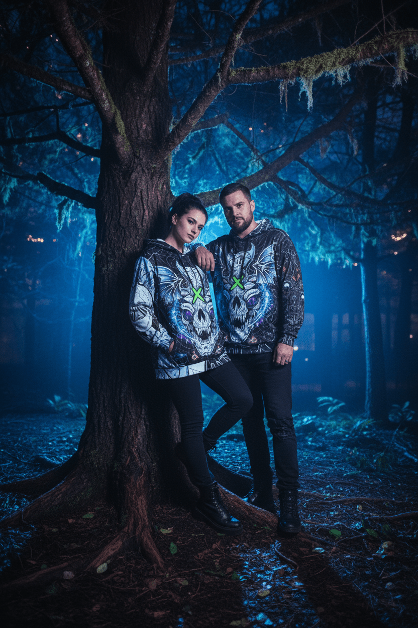 Dragon Skull Graphic Hoodie — Gothic Neon X All-Over PrintEmber Spirit Apparel