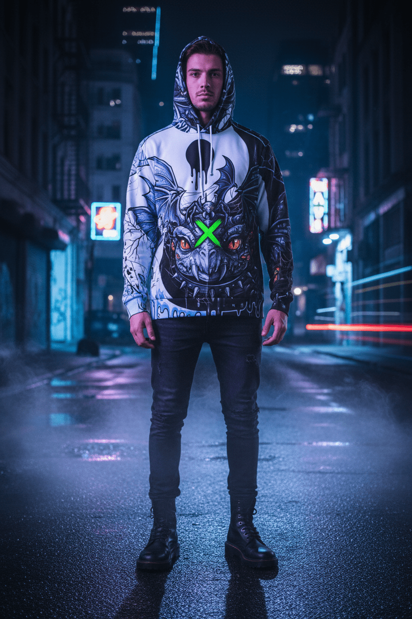 Dragon Skull Graphic Hoodie — Gothic Neon X All - Over PrintEmber Spirit Apparel