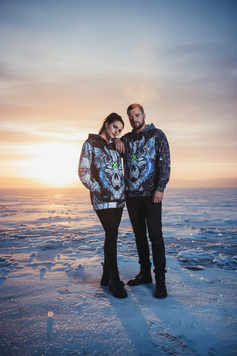 Dragon Skull Graphic Hoodie — Gothic Neon X All-Over PrintEmber Spirit Apparel