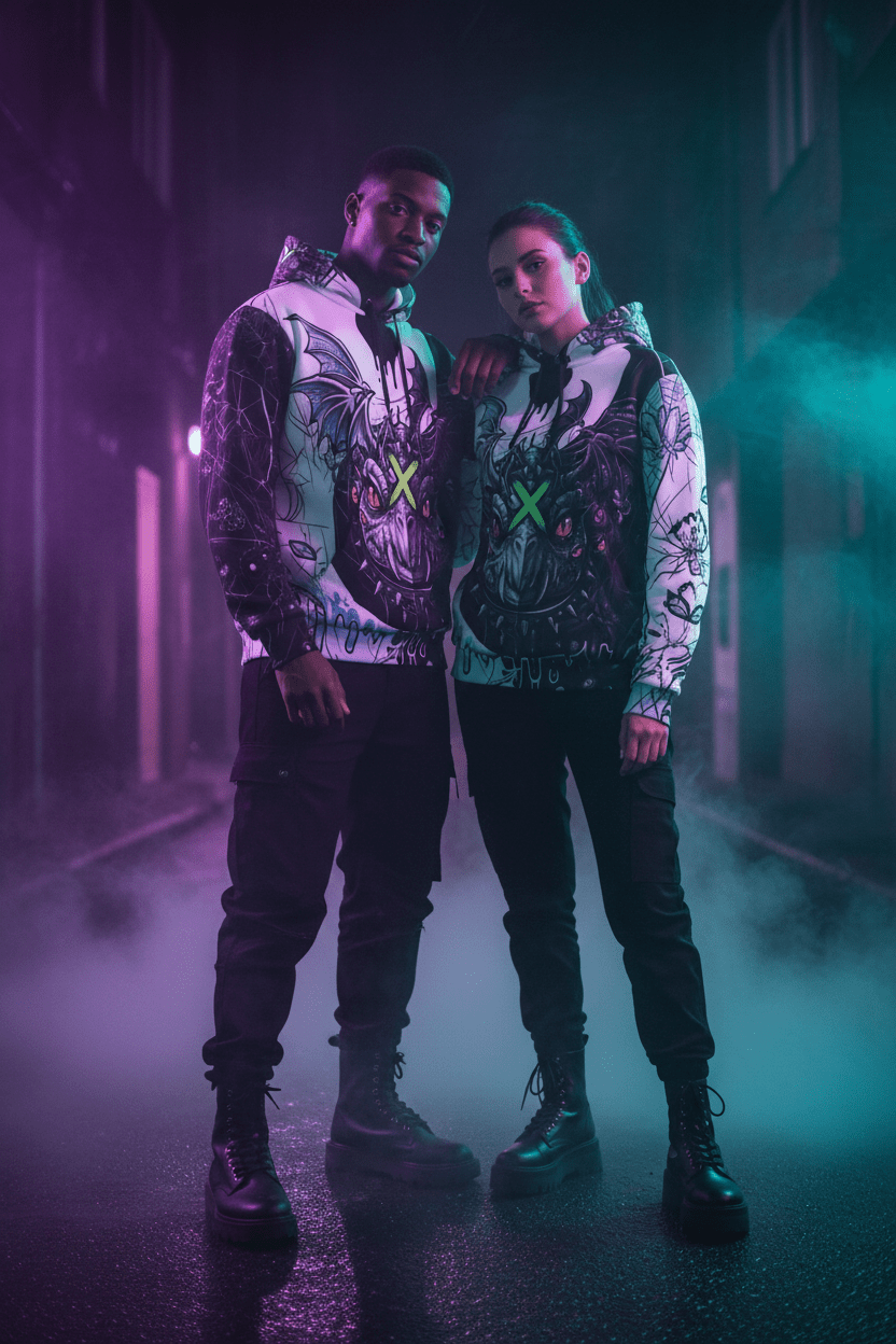 Dragon Skull Graphic Hoodie — Gothic Neon X All-Over PrintEmber Spirit Apparel