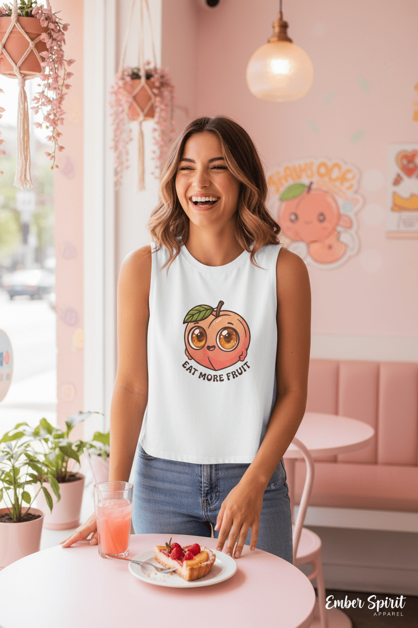 Eat More Fruit Peach Crop Top — Cute Kawaii Fruit Graphic TankEmber Spirit Apparel