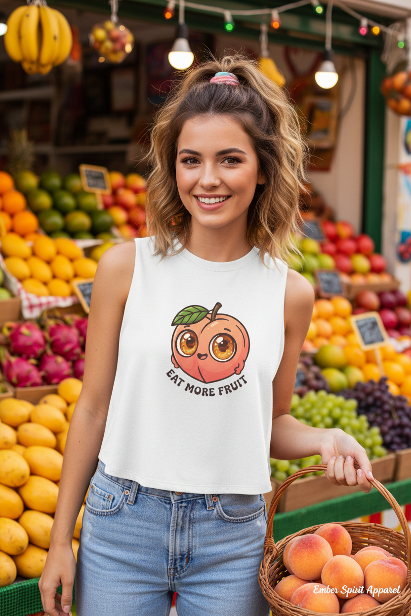 Eat More Fruit Peach Crop Top — Cute Kawaii Fruit Graphic TankEmber Spirit Apparel