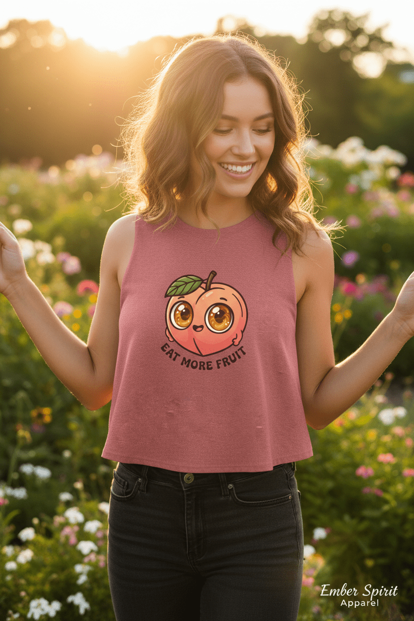 Eat More Fruit Peach Crop Top — Cute Kawaii Fruit Graphic TankEmber Spirit Apparel