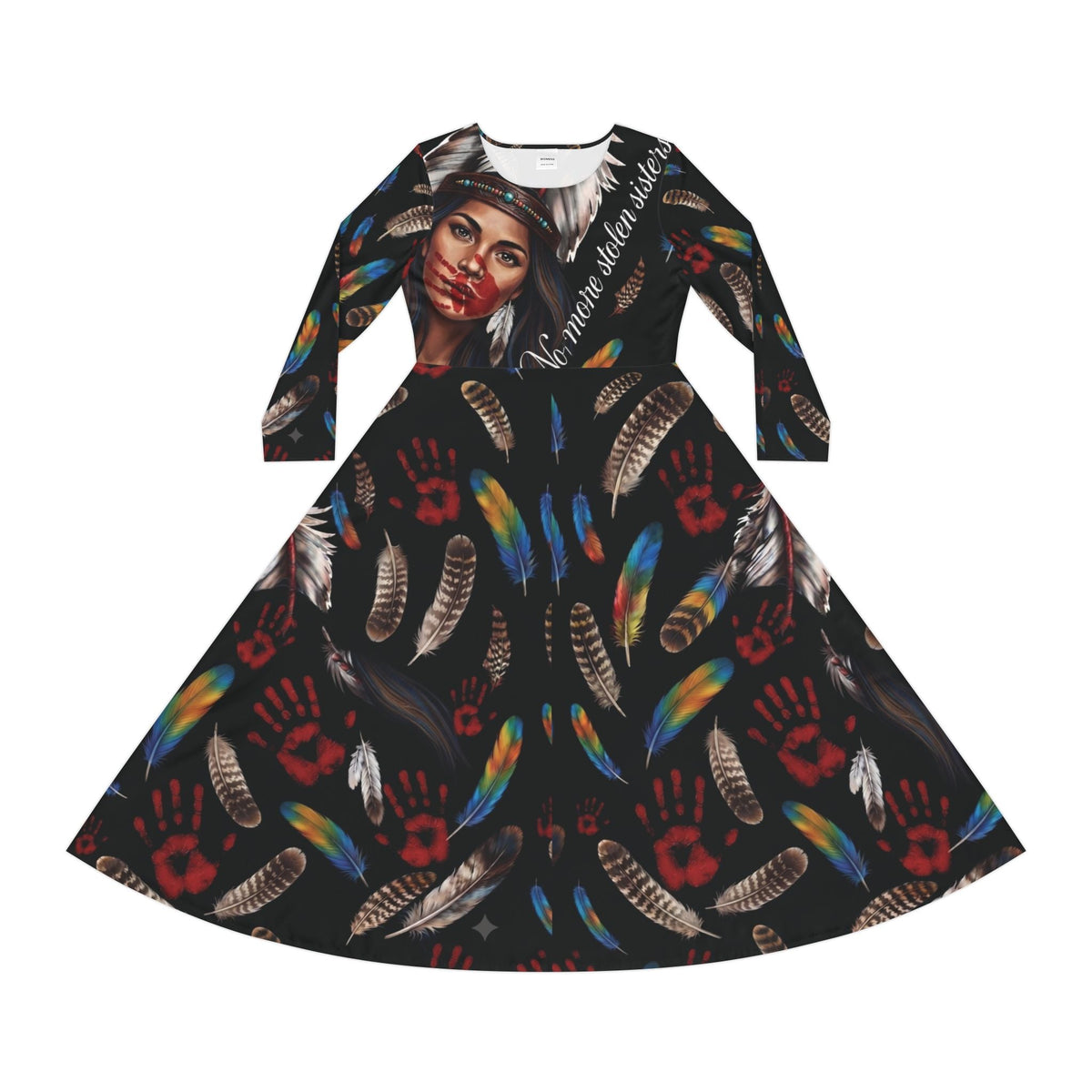 Feather & Red Handprint Long-Sleeve Dance Dress — Tribal-Inspired MMIW StatementEmber Spirit Apparel