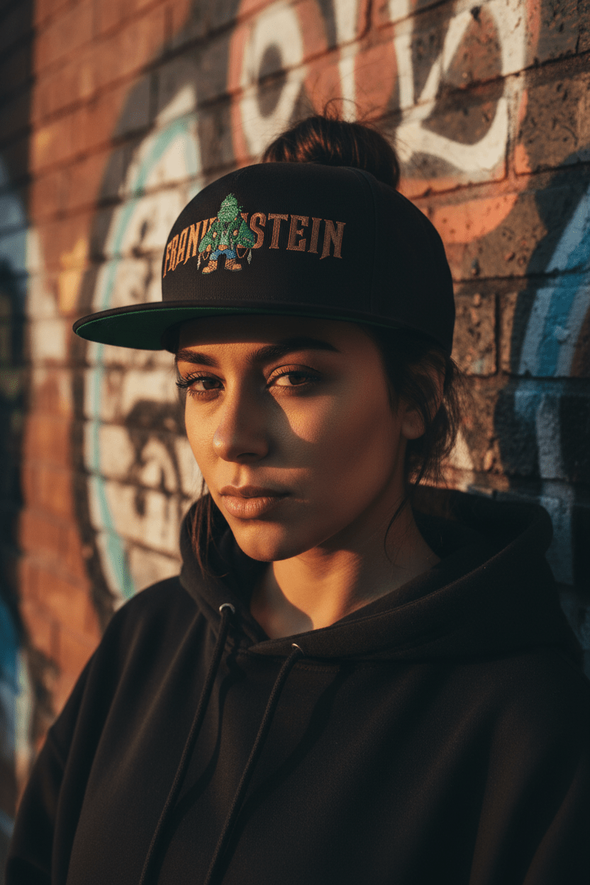 Flat Bill Cap — Embroidered 'Frank'n'Stein' Monster Logo SnapbackEmber Spirit Apparel