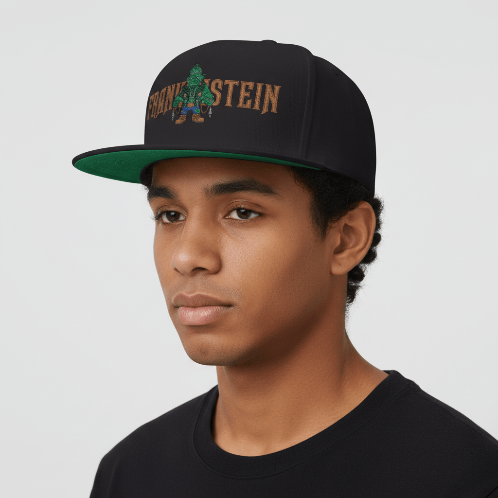 Flat Bill Cap — Embroidered 'Frank'n'Stein' Monster Logo SnapbackEmber Spirit Apparel