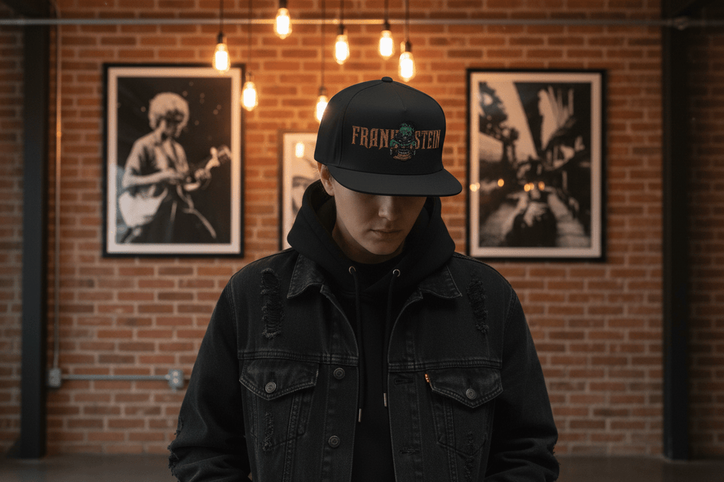 Flat Bill Cap — Embroidered 'Frank'n'Stein' Monster Logo SnapbackEmber Spirit Apparel