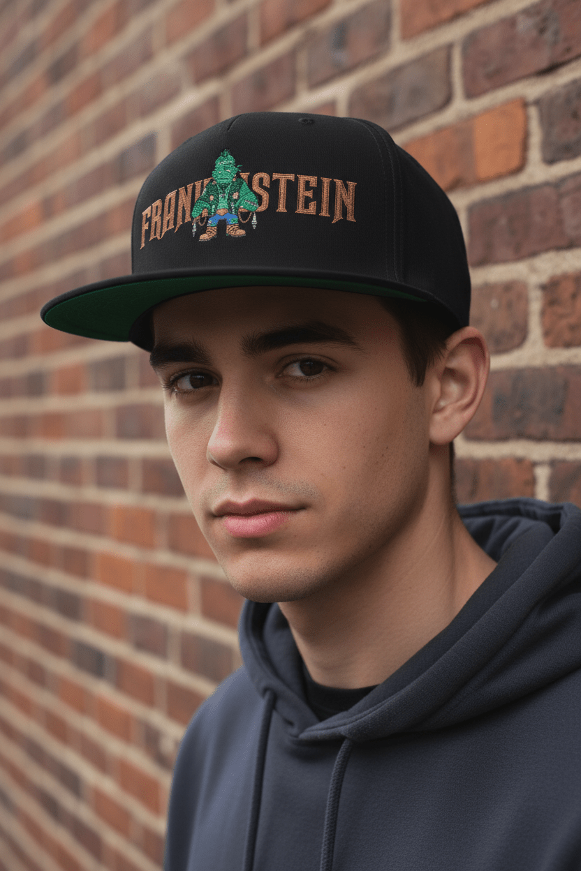 Flat Bill Cap — Embroidered 'Frank'n'Stein' Monster Logo SnapbackEmber Spirit Apparel