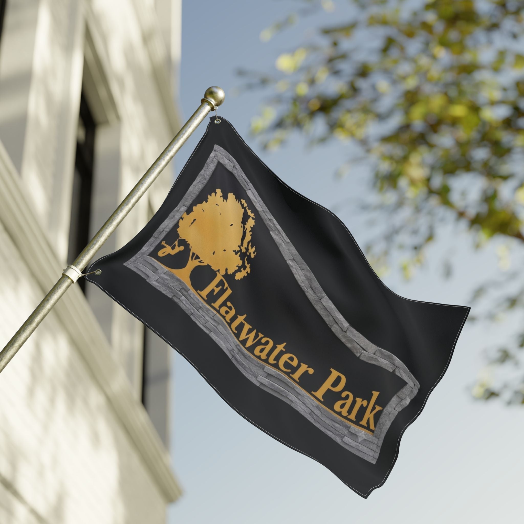 Flatwater Park Double-Sided Outdoor Flag — Rustic Tree Park Sign DesignEmber Spirit Apparel