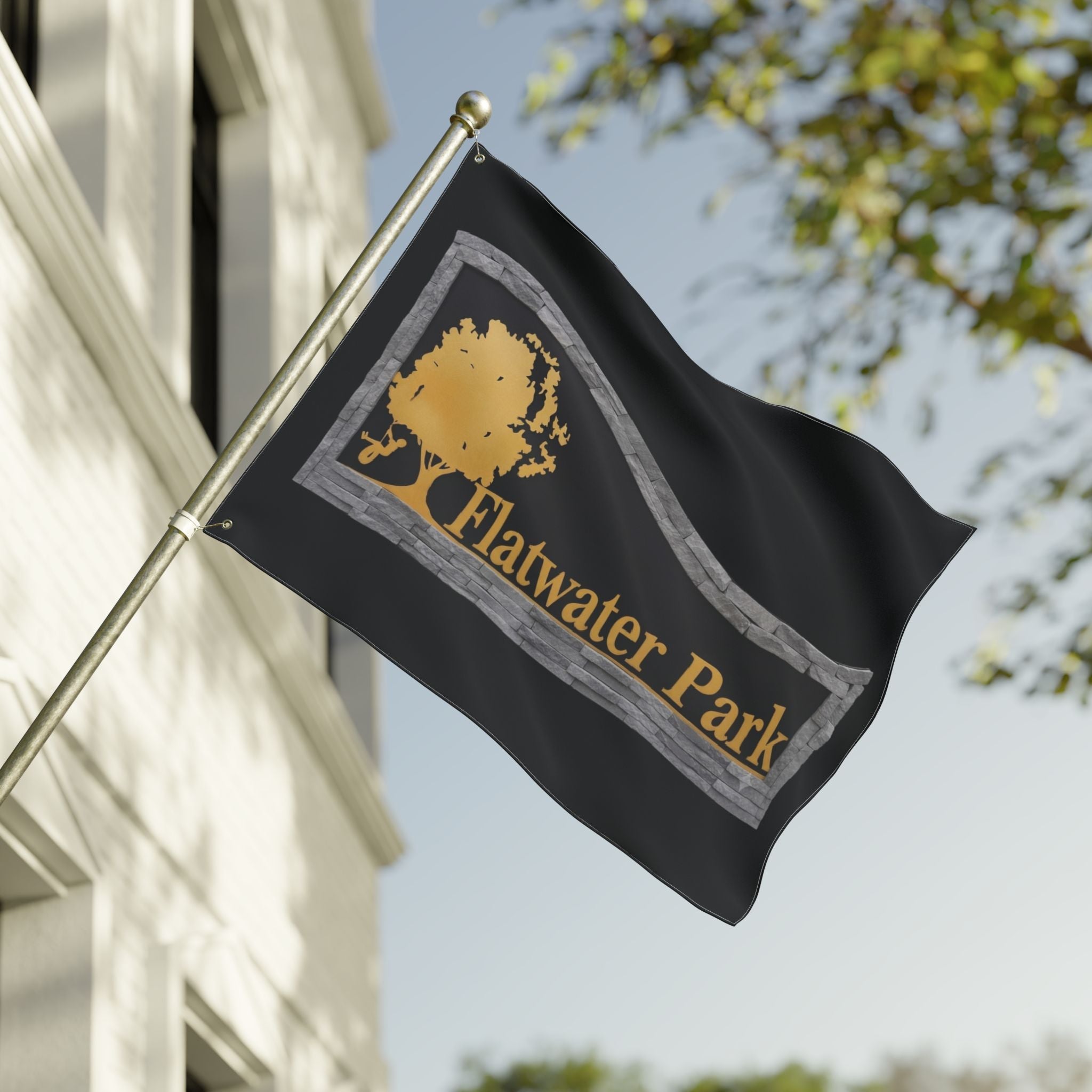 Flatwater Park Double-Sided Outdoor Flag — Rustic Tree Park Sign DesignEmber Spirit Apparel