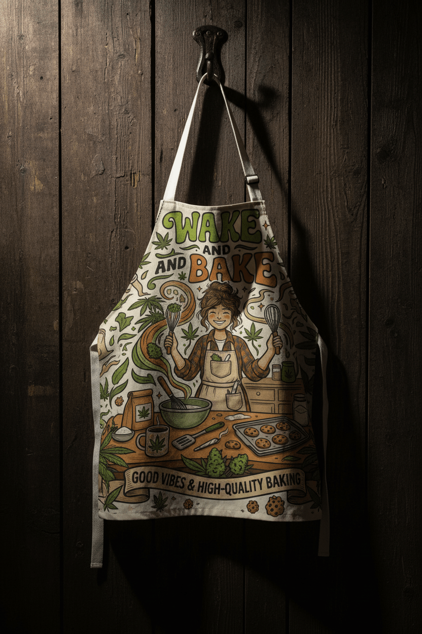 Funny Cannabis Morning Apron — "Wake, Bake, Make" Smoking Herb HumorEmber Spirit Apparel