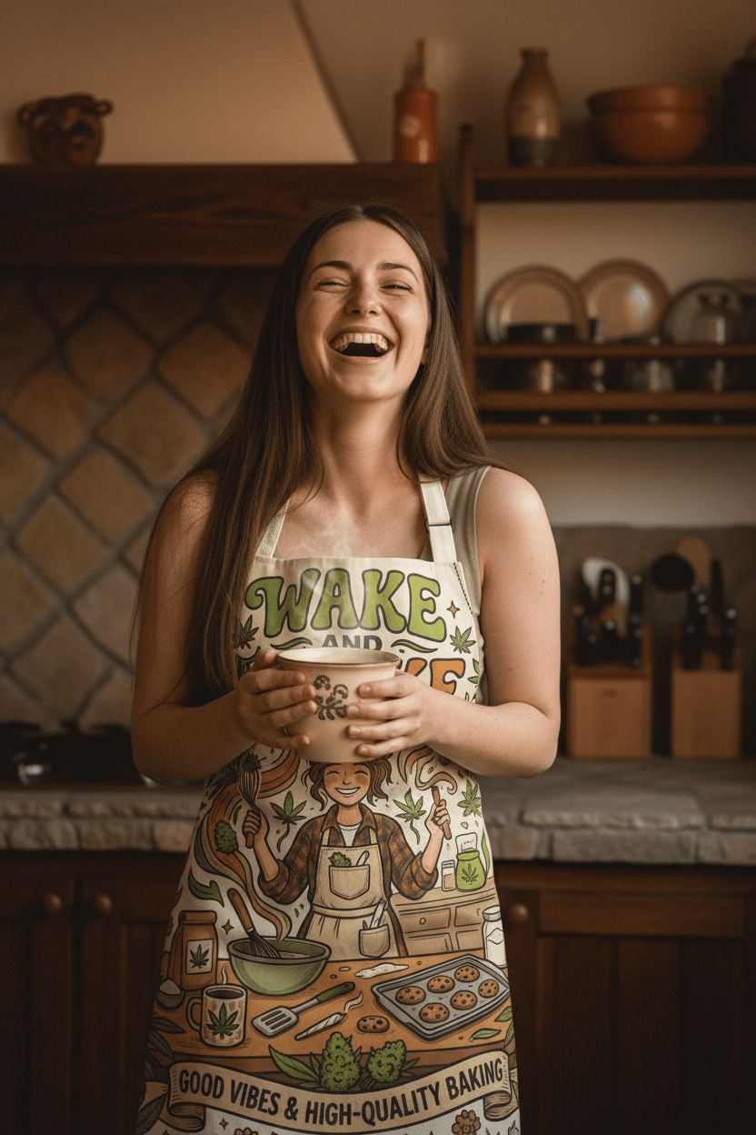 Funny Cannabis Morning Apron — "Wake, Bake, Make" Smoking Herb HumorEmber Spirit Apparel