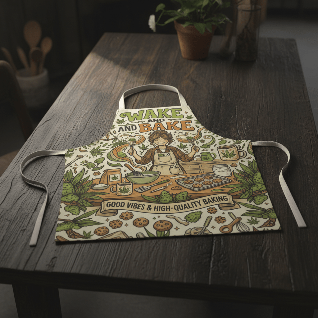 Funny Cannabis Morning Apron — "Wake, Bake, Make" Smoking Herb HumorEmber Spirit Apparel
