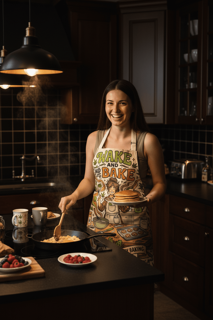 Funny Cannabis Morning Apron — "Wake, Bake, Make" Smoking Herb HumorEmber Spirit Apparel