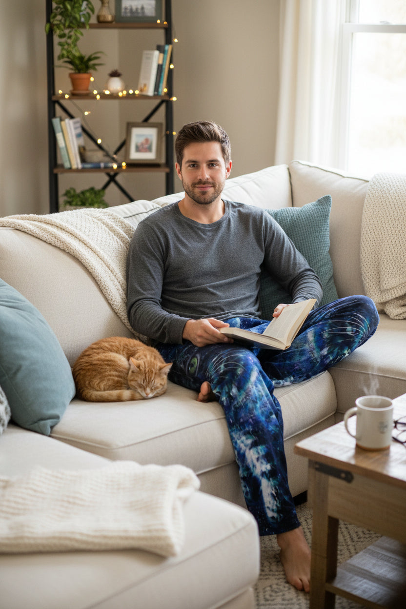 Galaxy Cat Pajama Pants — Men's Cosmic Cat Lounge SleepwearEmber Spirit Apparel