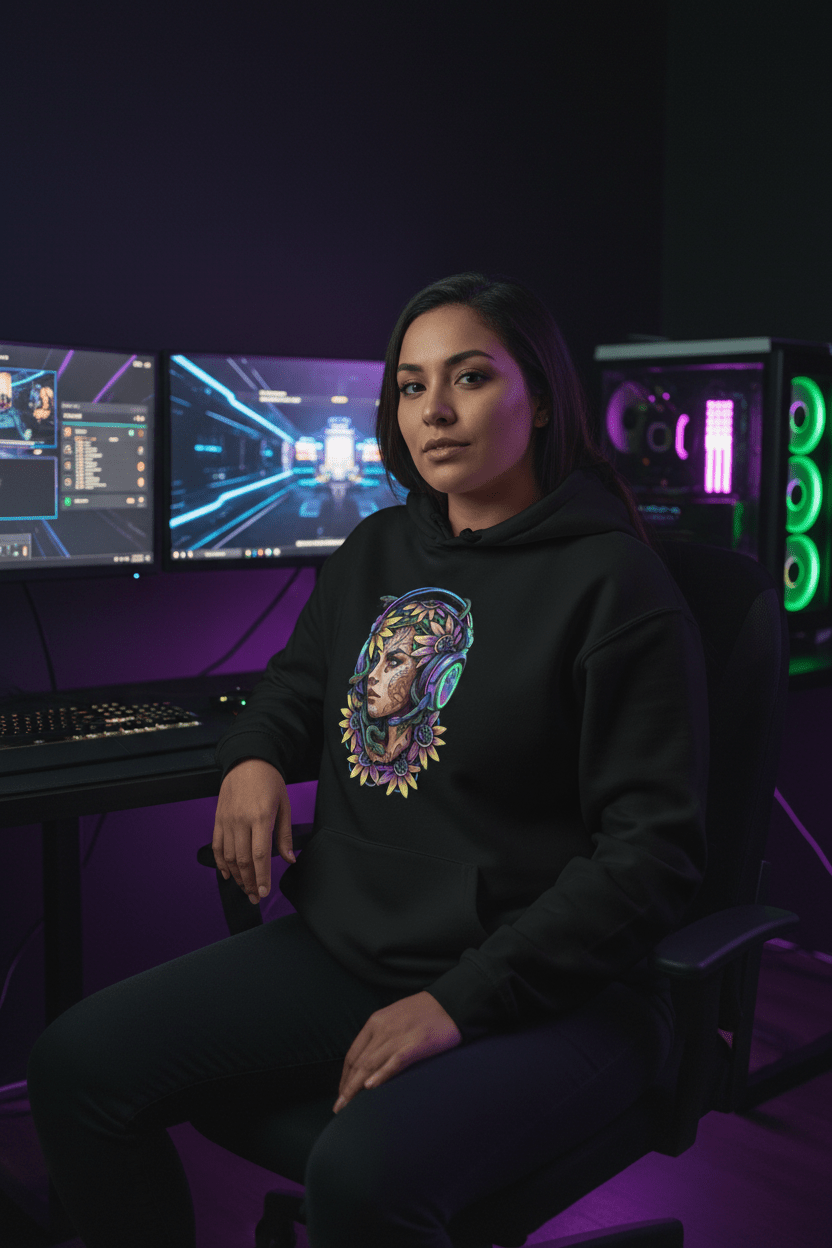 Gamer Goddess Hoodie — Medusa Floral Headphones Portrait All - Over Print.Ember Spirit Apparel