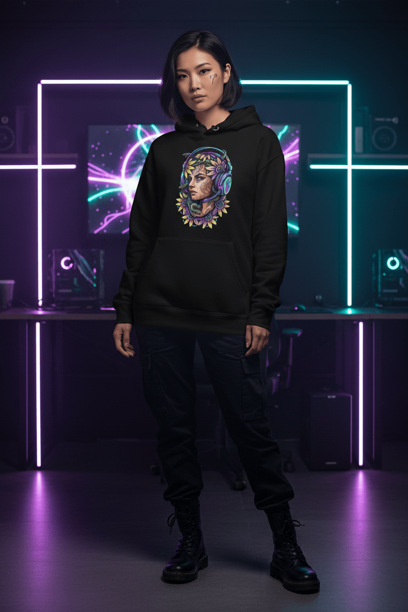Gamer Goddess Hoodie — Medusa Floral Headphones Portrait All - Over Print.Ember Spirit Apparel