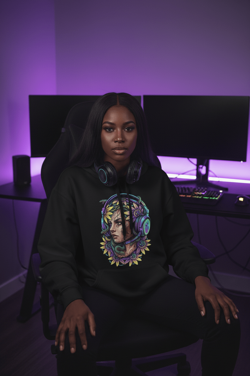 Gamer Goddess Hoodie — Medusa Floral Headphones Portrait All - Over Print.Ember Spirit Apparel