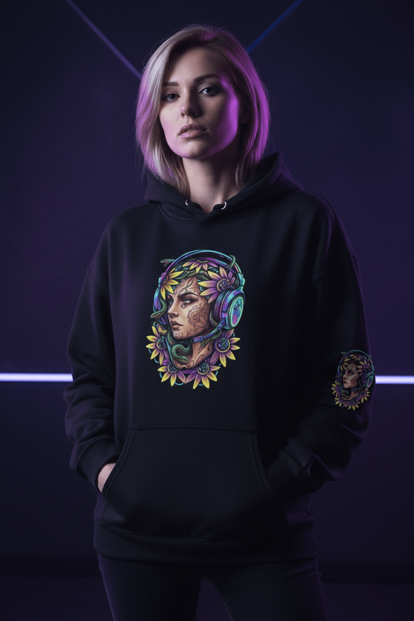 Gamer Goddess Hoodie — Medusa Floral Headphones Portrait All - Over Print.Ember Spirit Apparel