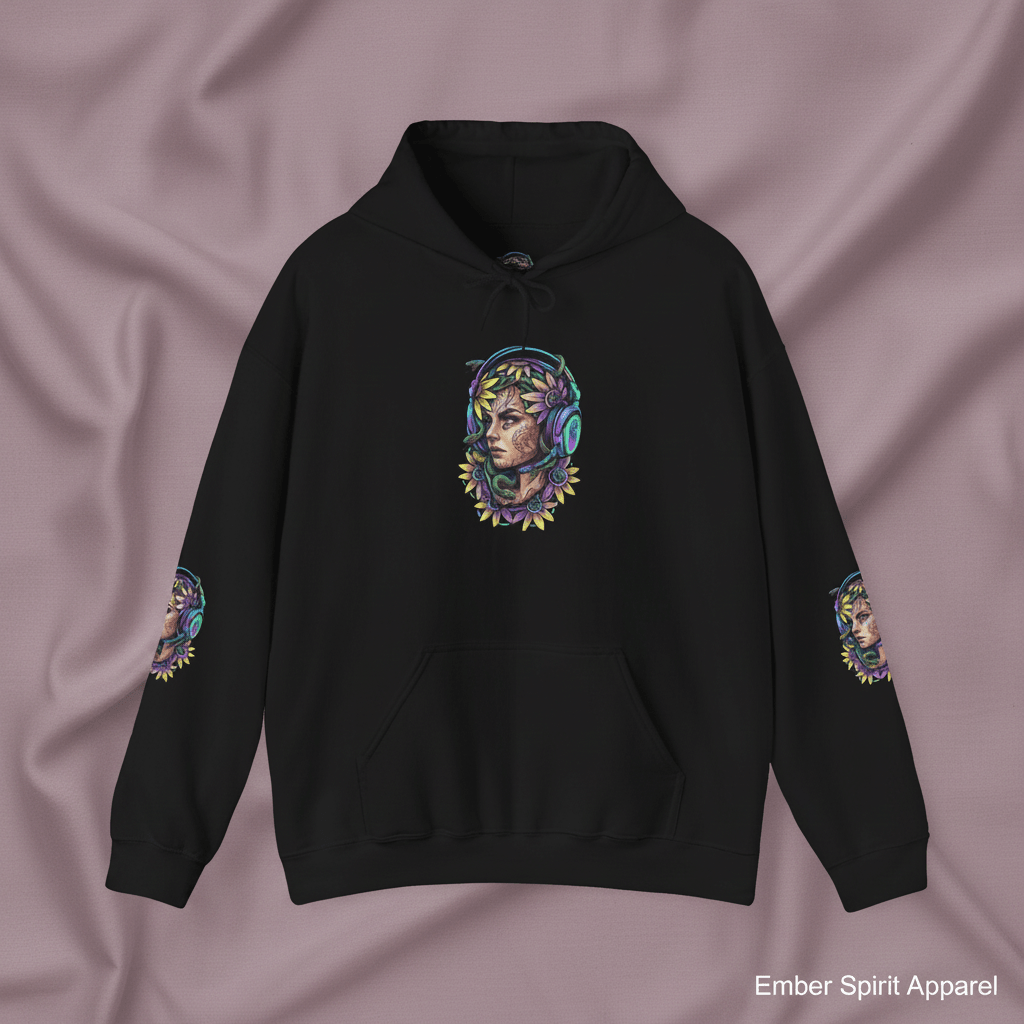 Gamer Goddess Hoodie — Medusa Floral Headphones Portrait All - Over Print.Ember Spirit Apparel