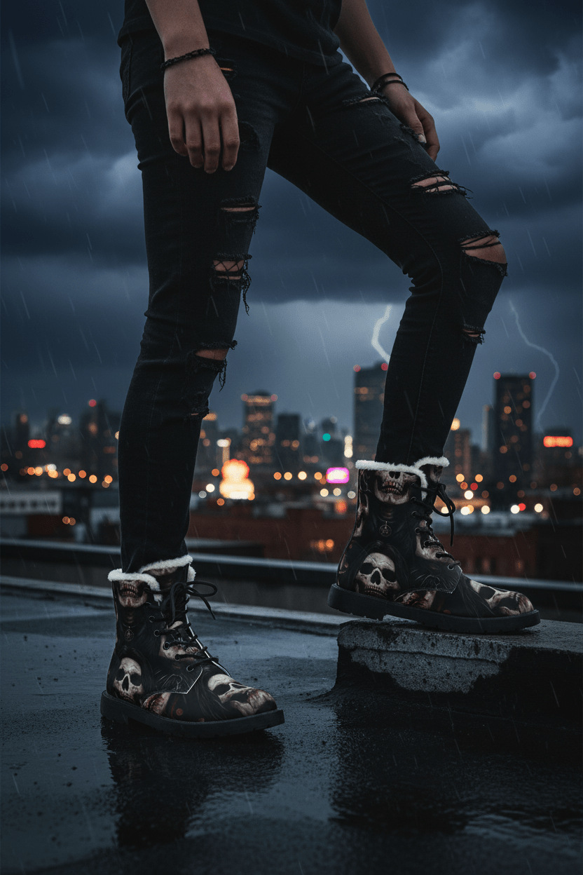 Goth Boots – Skull Fur & Leather Women's Gothic Statement FootwearEmber Spirit Apparel