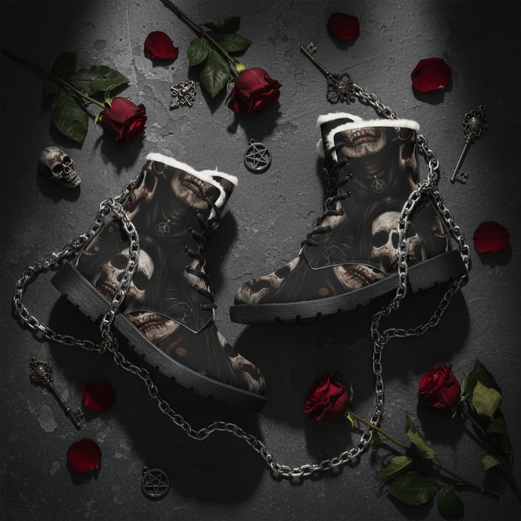 Goth Boots – Skull Fur & Leather Women's Gothic Statement FootwearEmber Spirit Apparel