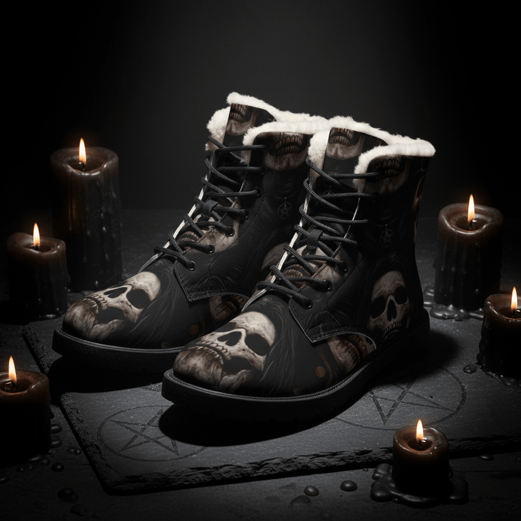 Goth Boots – Skull Fur & Leather Women's Gothic Statement FootwearEmber Spirit Apparel