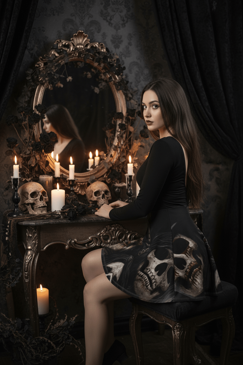 Goth Skeleton Skater Skirt — "Soulless" All - Over PrintEmber Spirit Apparel