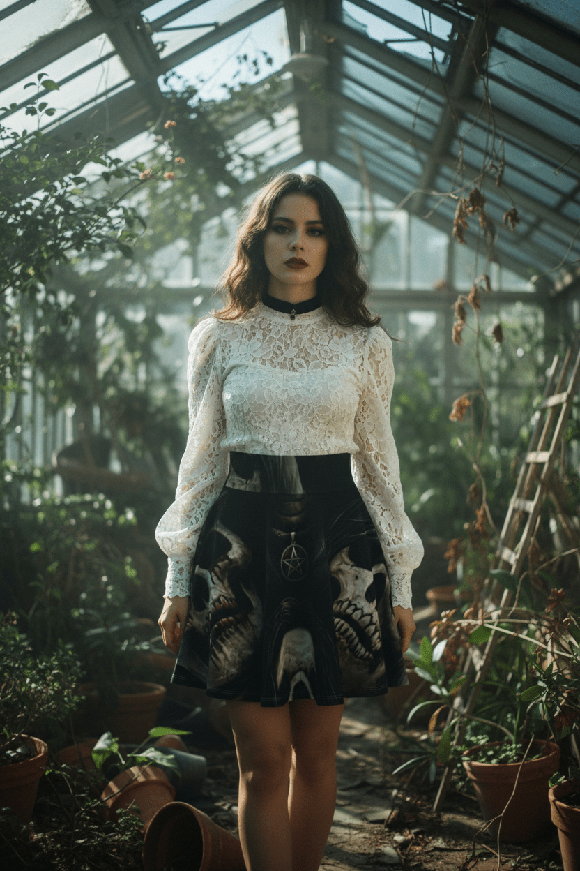 Goth Skeleton Skater Skirt — "Soulless" All - Over PrintEmber Spirit Apparel