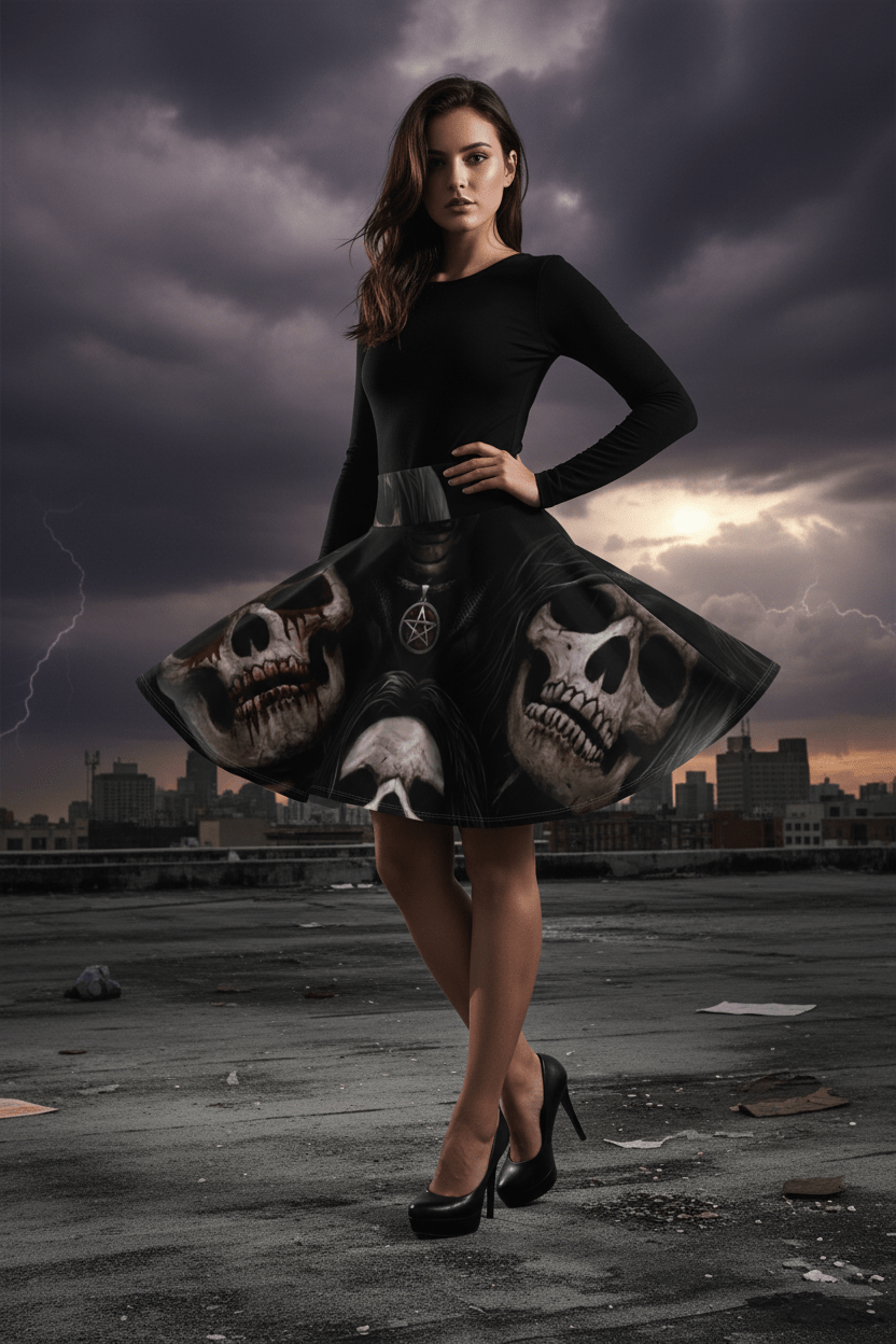 Goth Skeleton Skater Skirt — "Soulless" All - Over PrintEmber Spirit Apparel